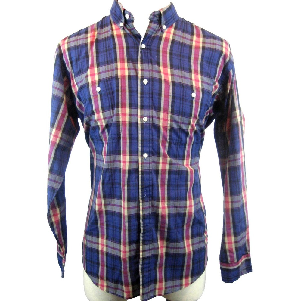 Mens Vtg  Steeplechase Blue Plaid Cotton Blend LS Casual Shirt sz L